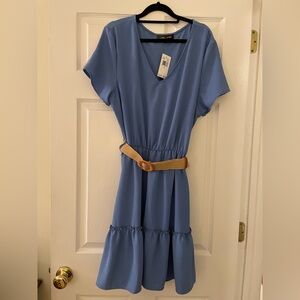 NWT - Light Blue Denim-Colored Dress with Tan Belt